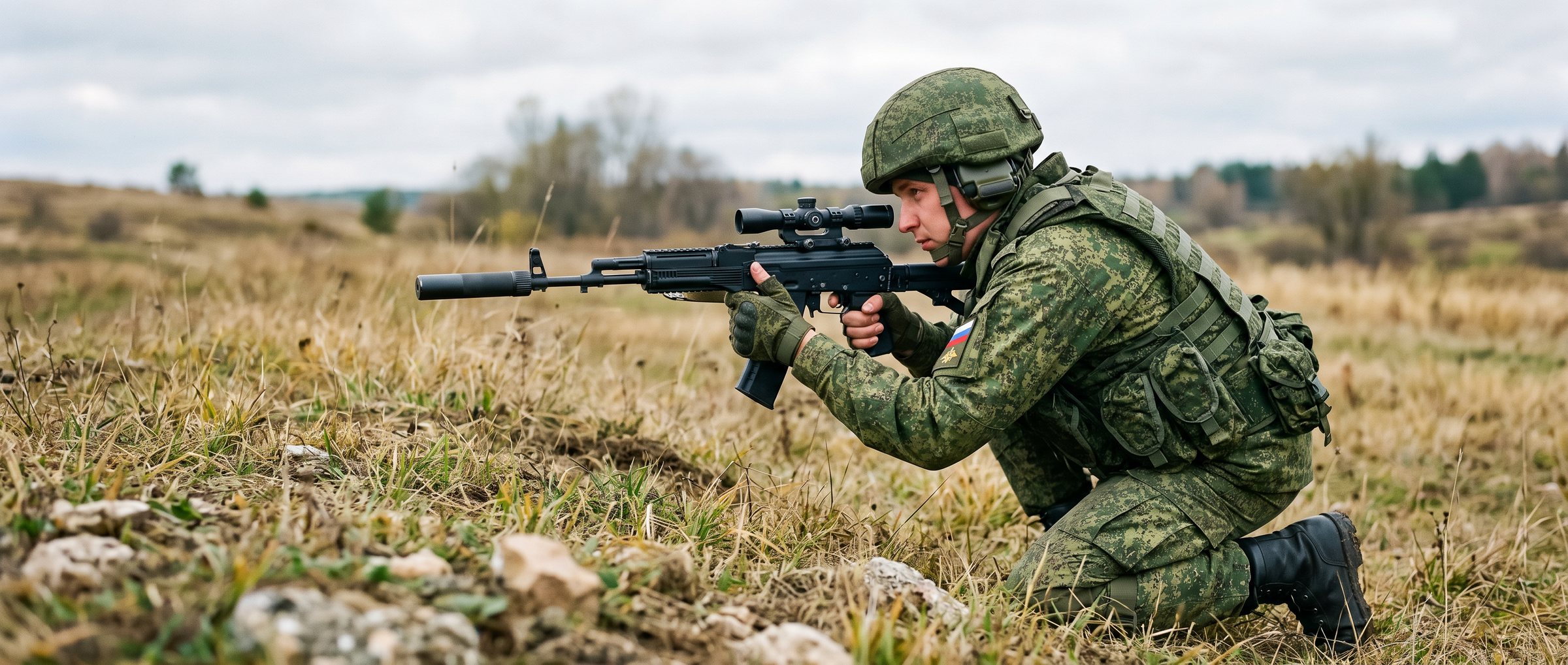 Боец в бронежилете целится из автомата на полевых учениях