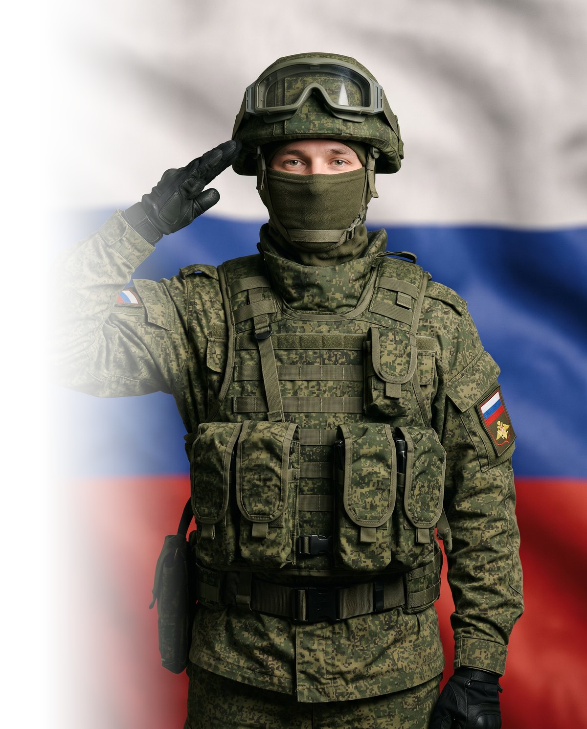 Военнослужащий в камуфляже отдаёт честь на фоне флага России