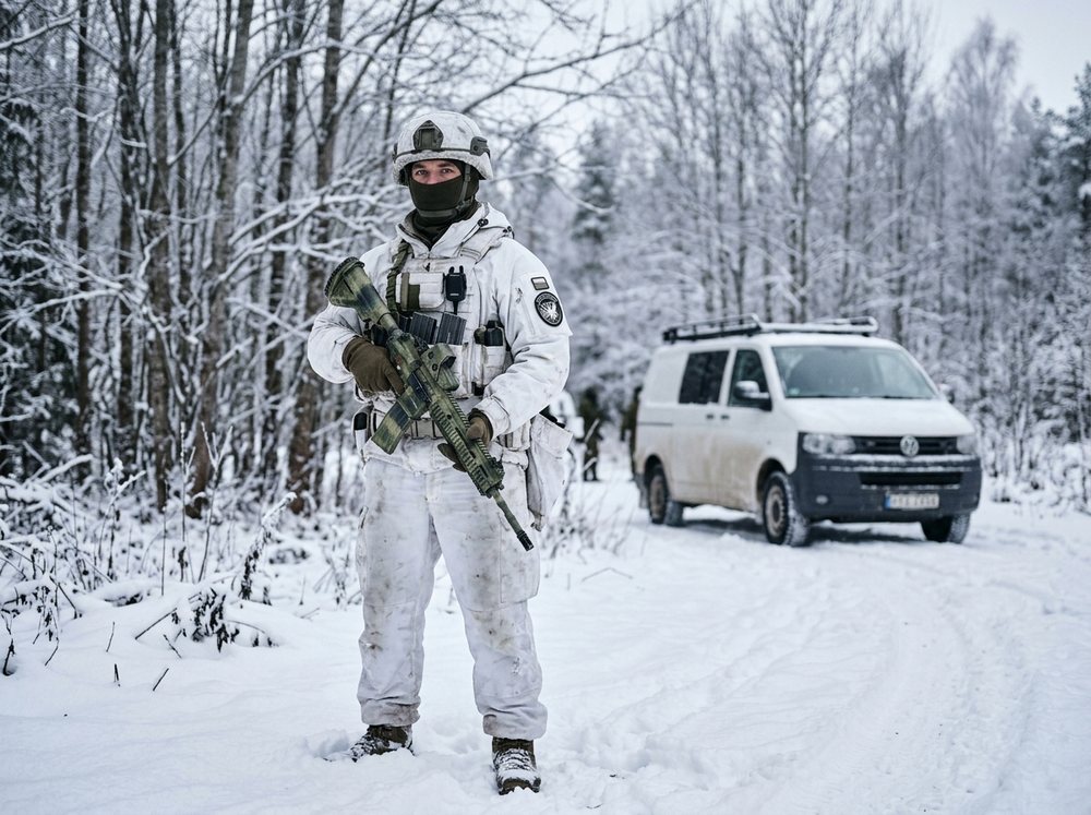 Боец спецназа в зимнем камуфляже