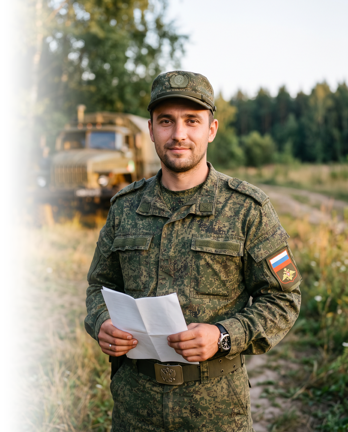 Военнослужащий в камуфляже отдаёт честь на фоне флага России